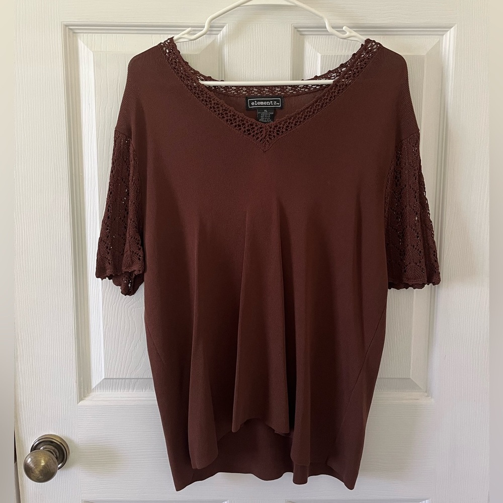 Elementz Women's Brown V-Neck Top with Crochet Accents